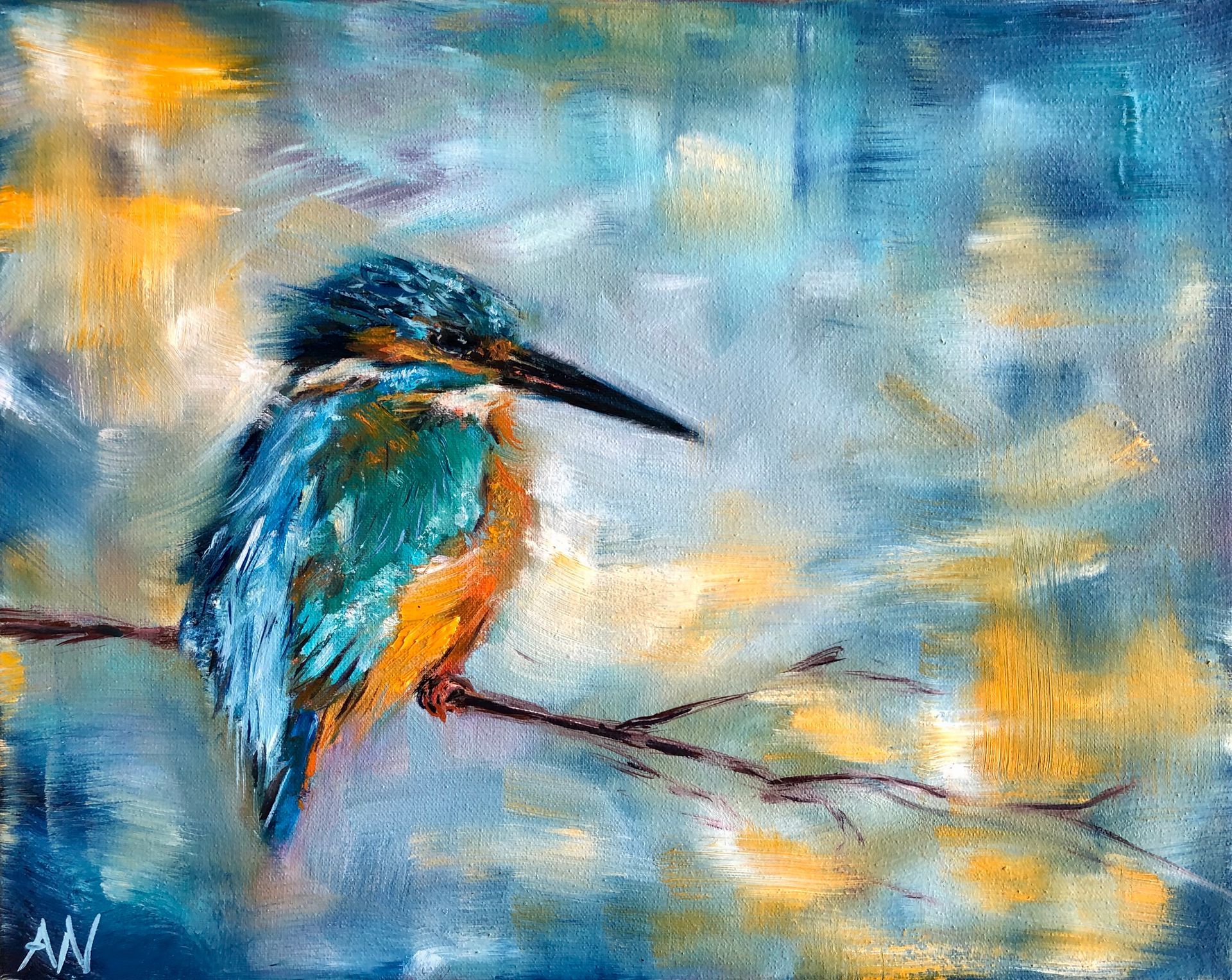 Kingfisher bird perched on a branch, painted with teal, orange, and yellow hues against a blue background.