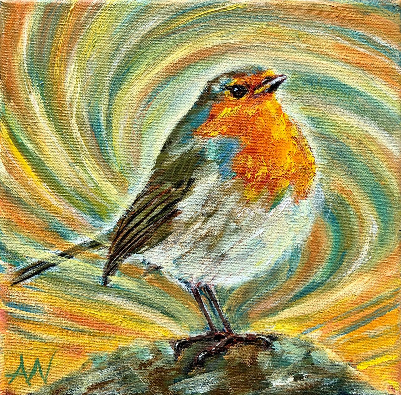European robin with orange breast on a textured background of swirled yellow, blue, and orange.
