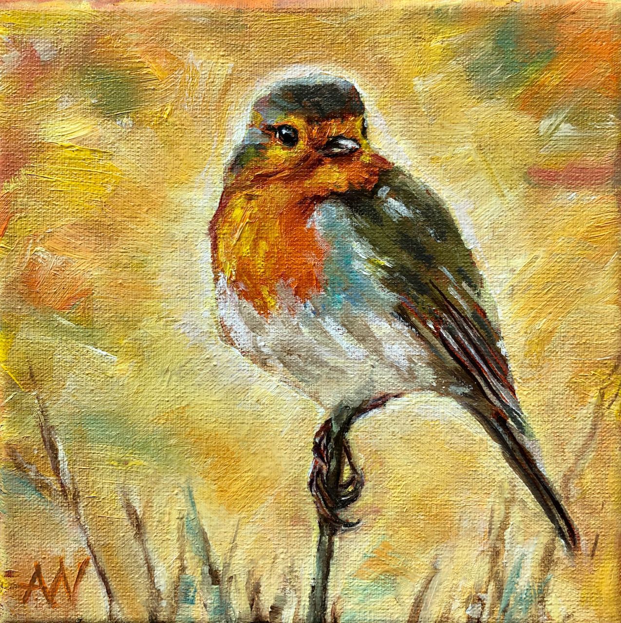 European robin on a perch against a golden, textured background. Orange breast, gray head, brown wings.