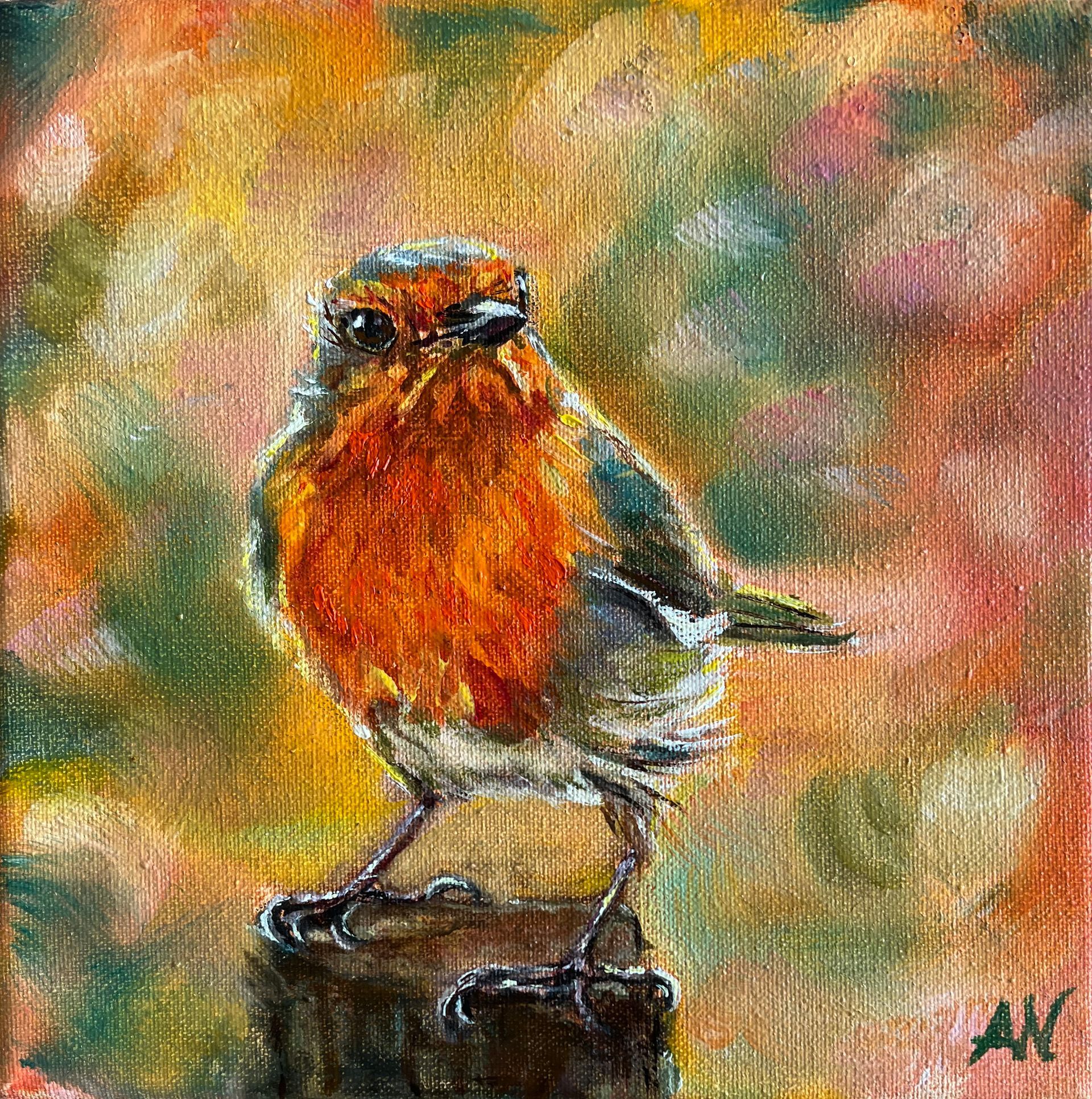 European robin perched on a stump, vibrant orange breast, multi-colored blurred background.