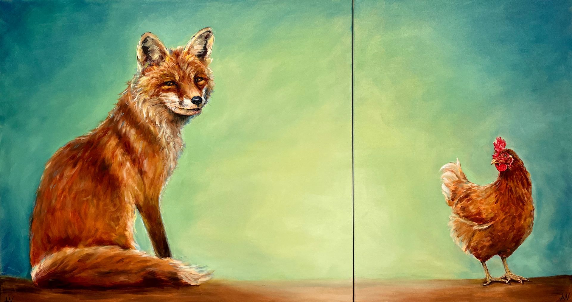 Fox sits near a chicken, both facing forward, against a green and yellow backdrop.