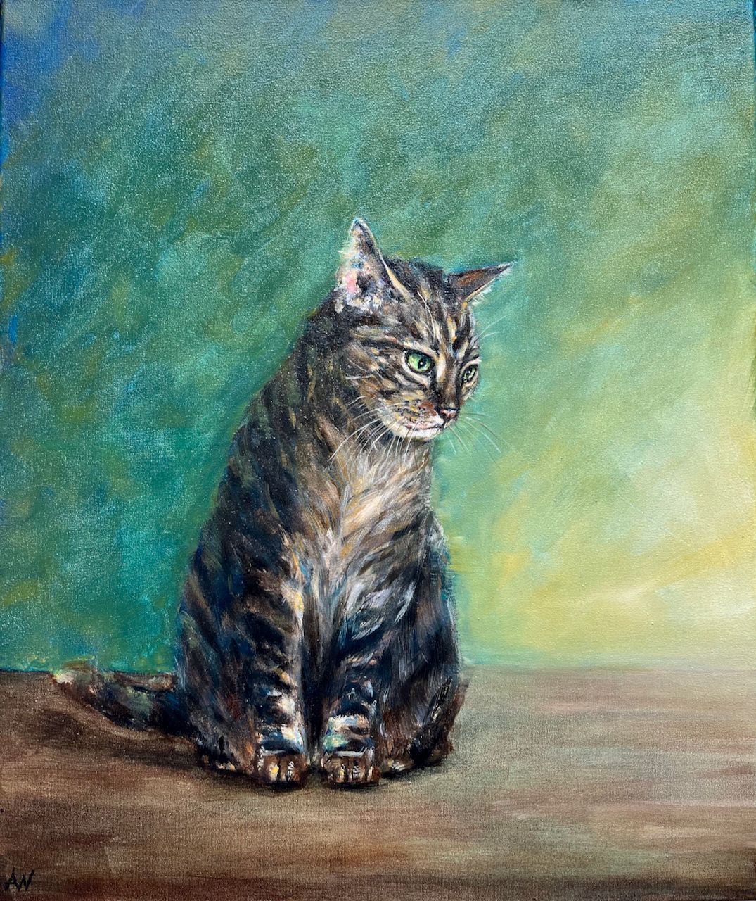 A cat stares at a tiny mouse; a vertical line separates them against a teal and yellow backdrop.