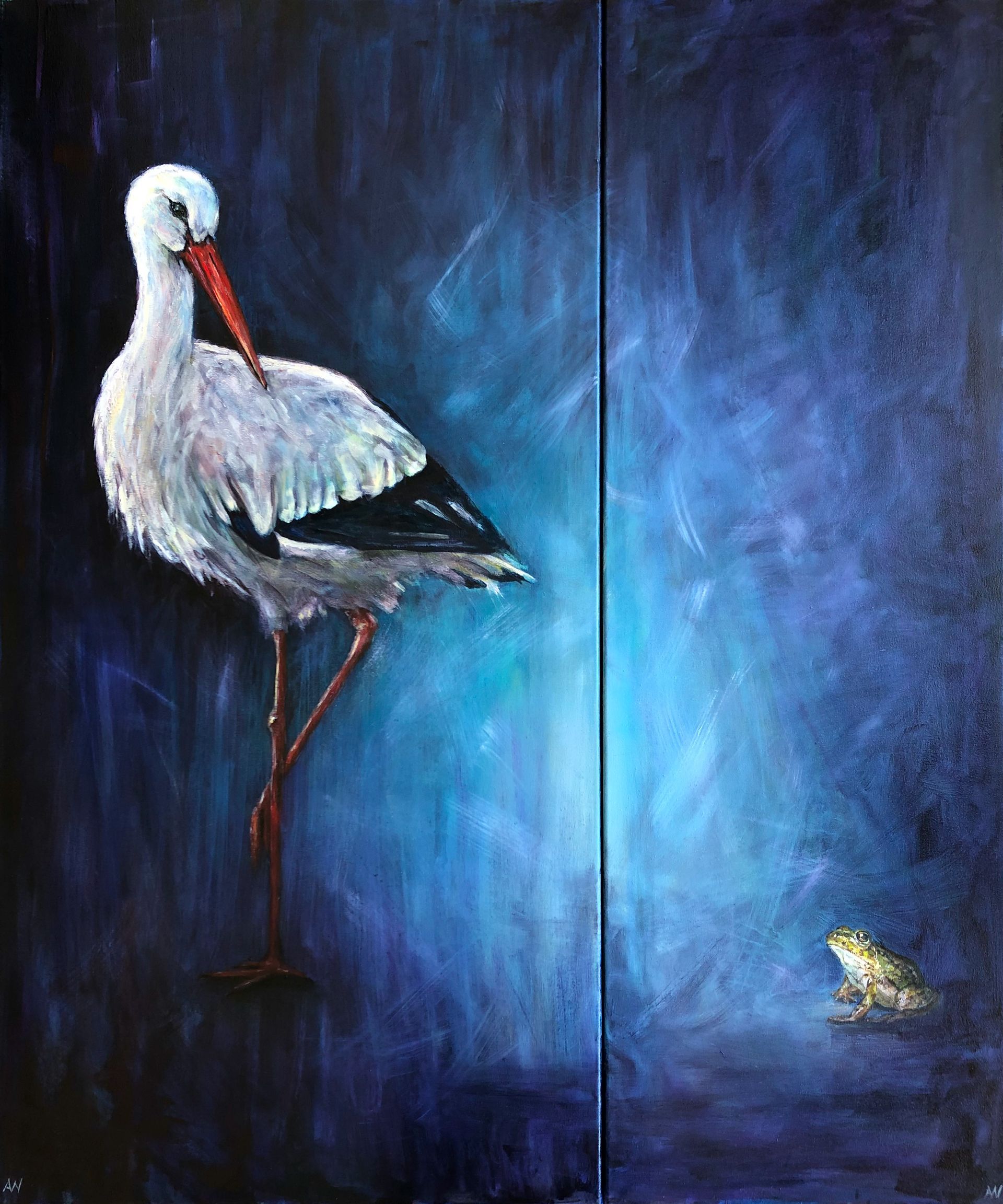 White stork standing tall, facing small frog in a dark blue, possibly underwater, setting.