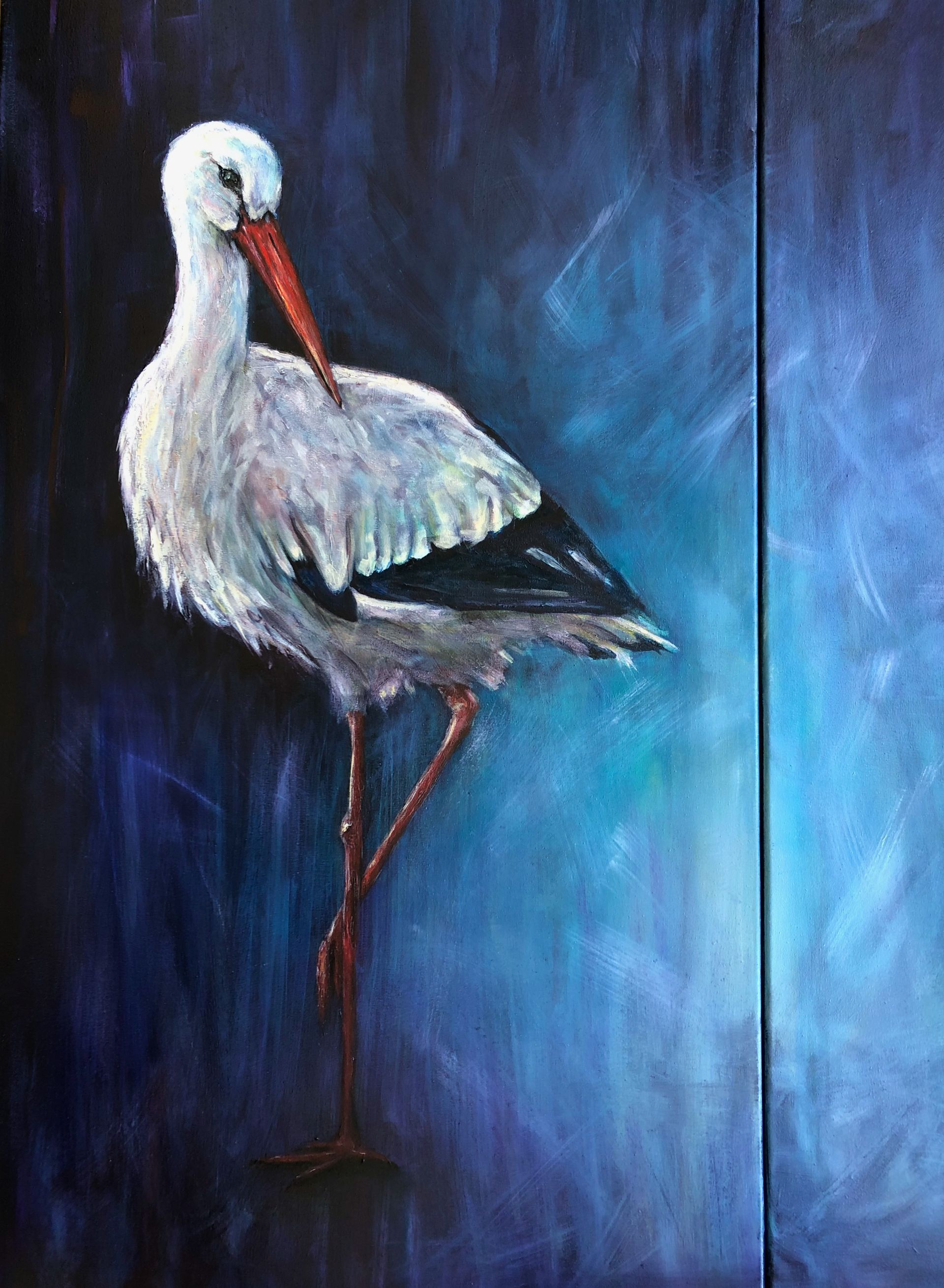 White stork with red beak and legs, preening feathers against a blue background.