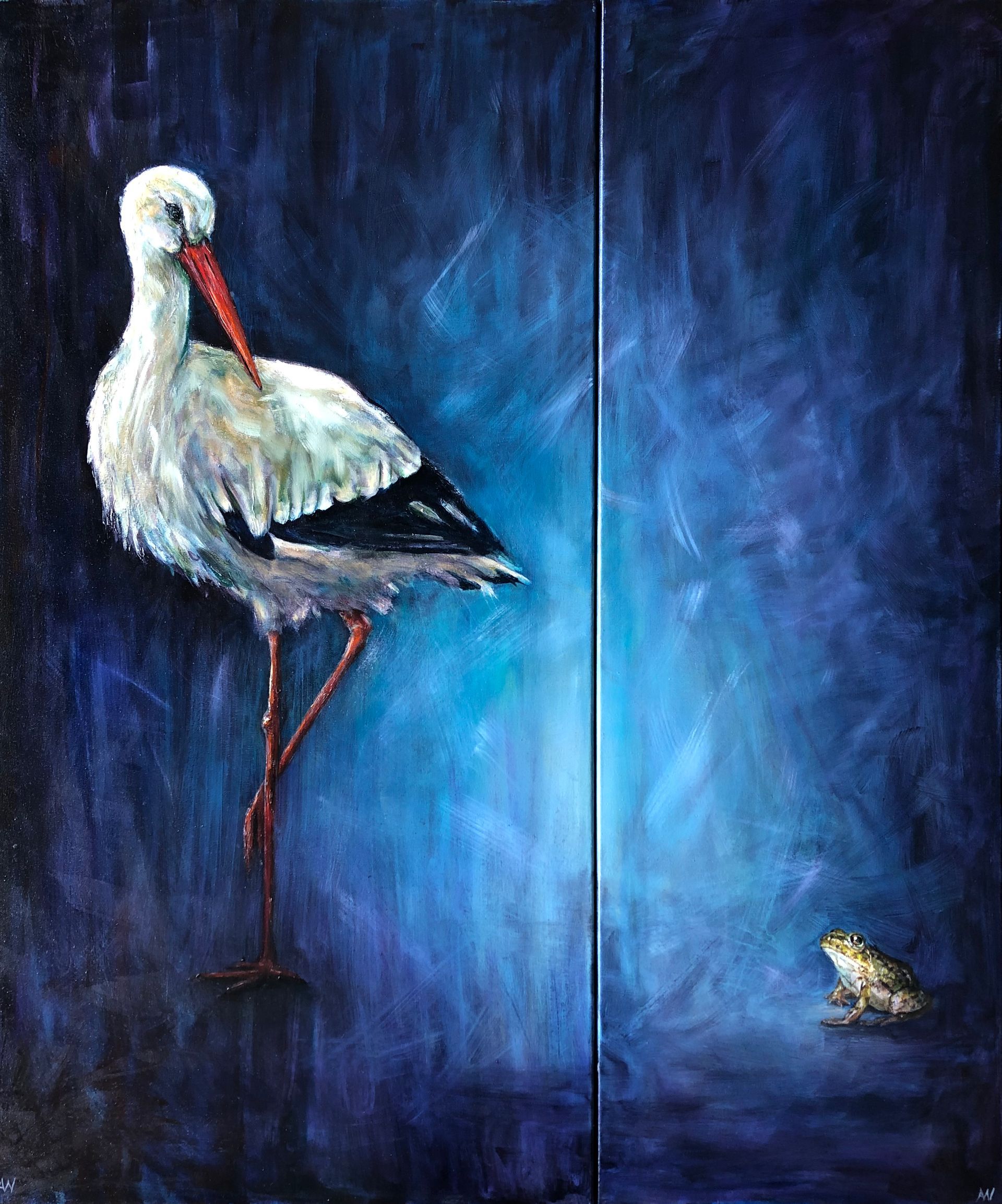 White stork and frog against blue abstract background. Stork standing, looking down at frog.