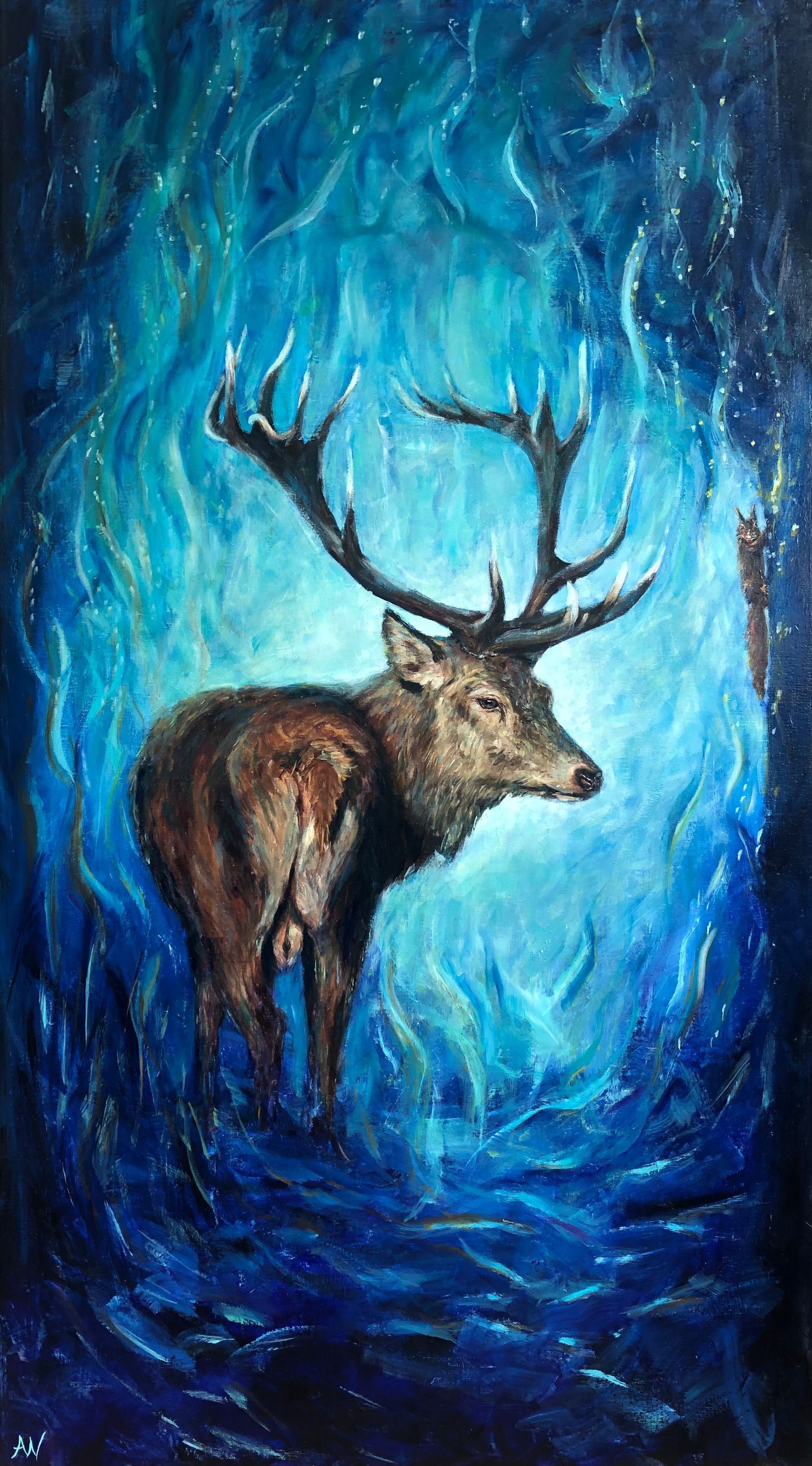 Stag in a blue, swirling abstract landscape with dark outlines.