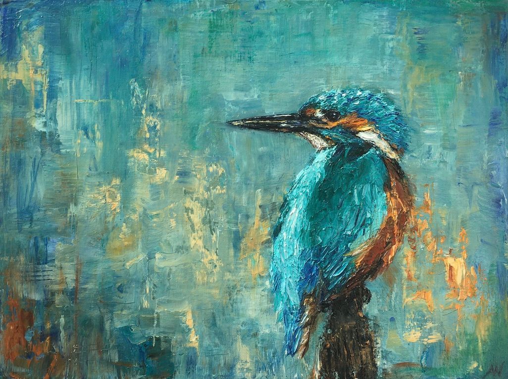 A teal and orange kingfisher perched on a dark branch against a textured blue and gold backdrop.