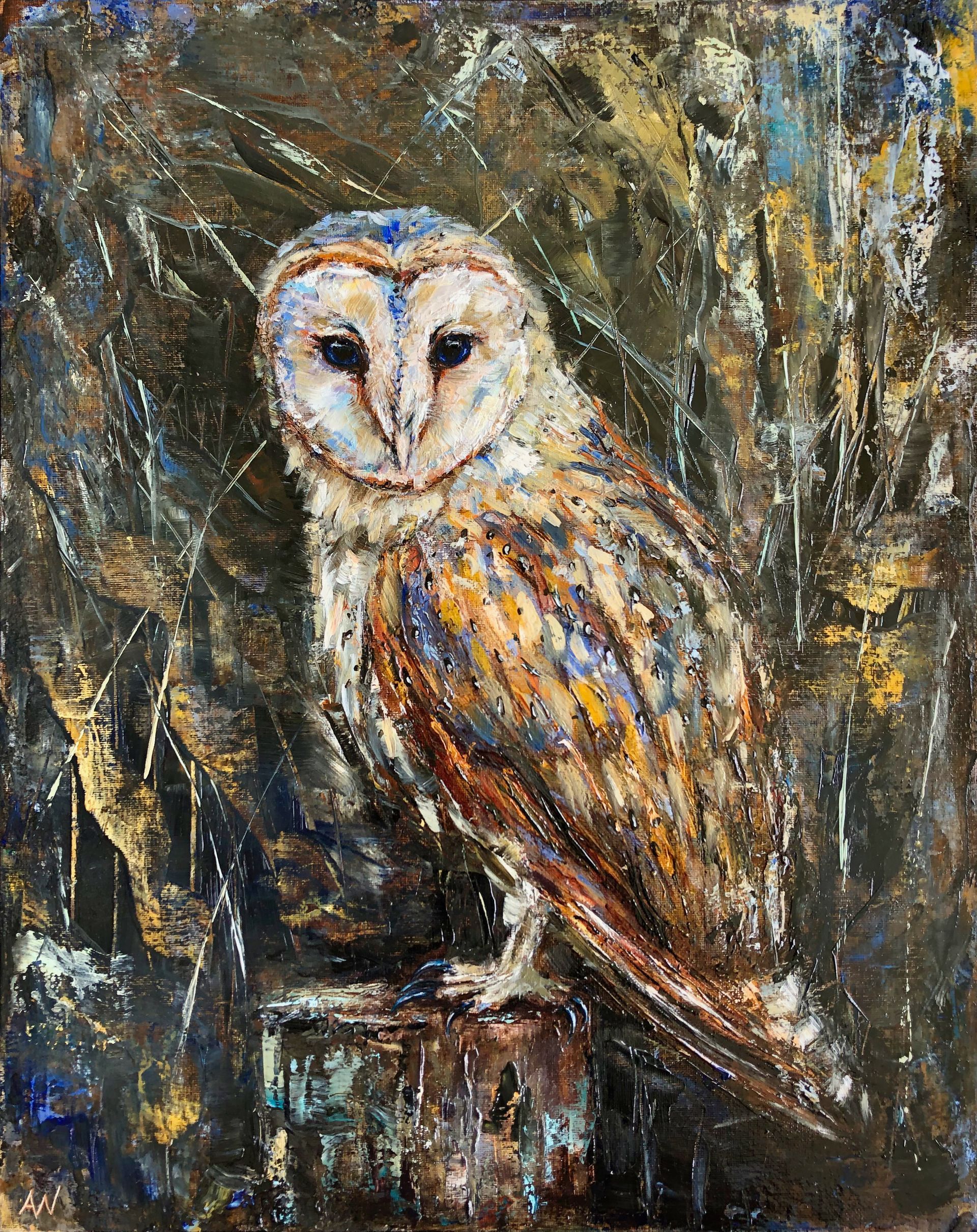 Barn owl perched on a weathered stump, painted in textured browns, creams, and blues against a dark, indistinct background.