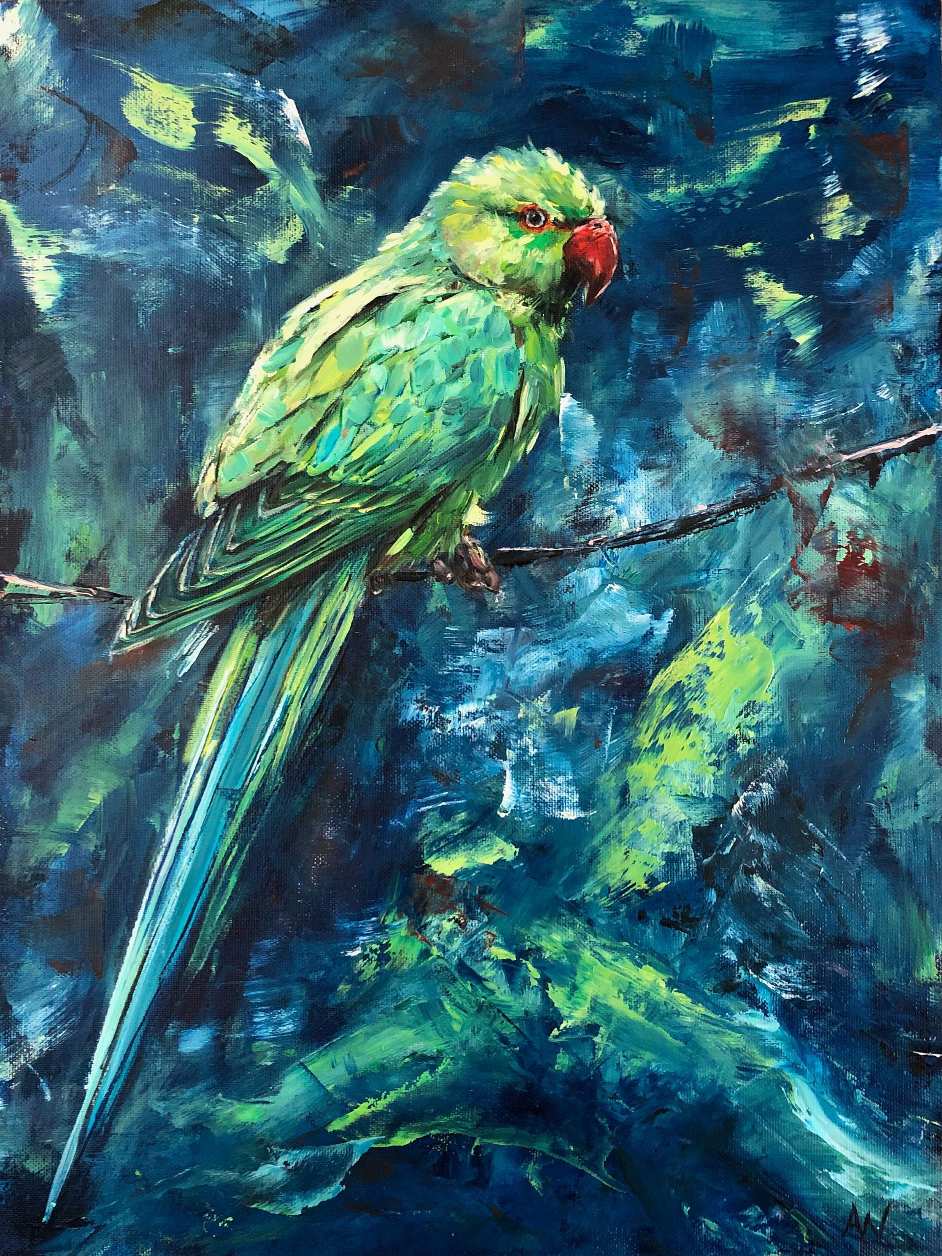 Green parrot with red beak perched on a branch, painted against a background of blue and green foliage.