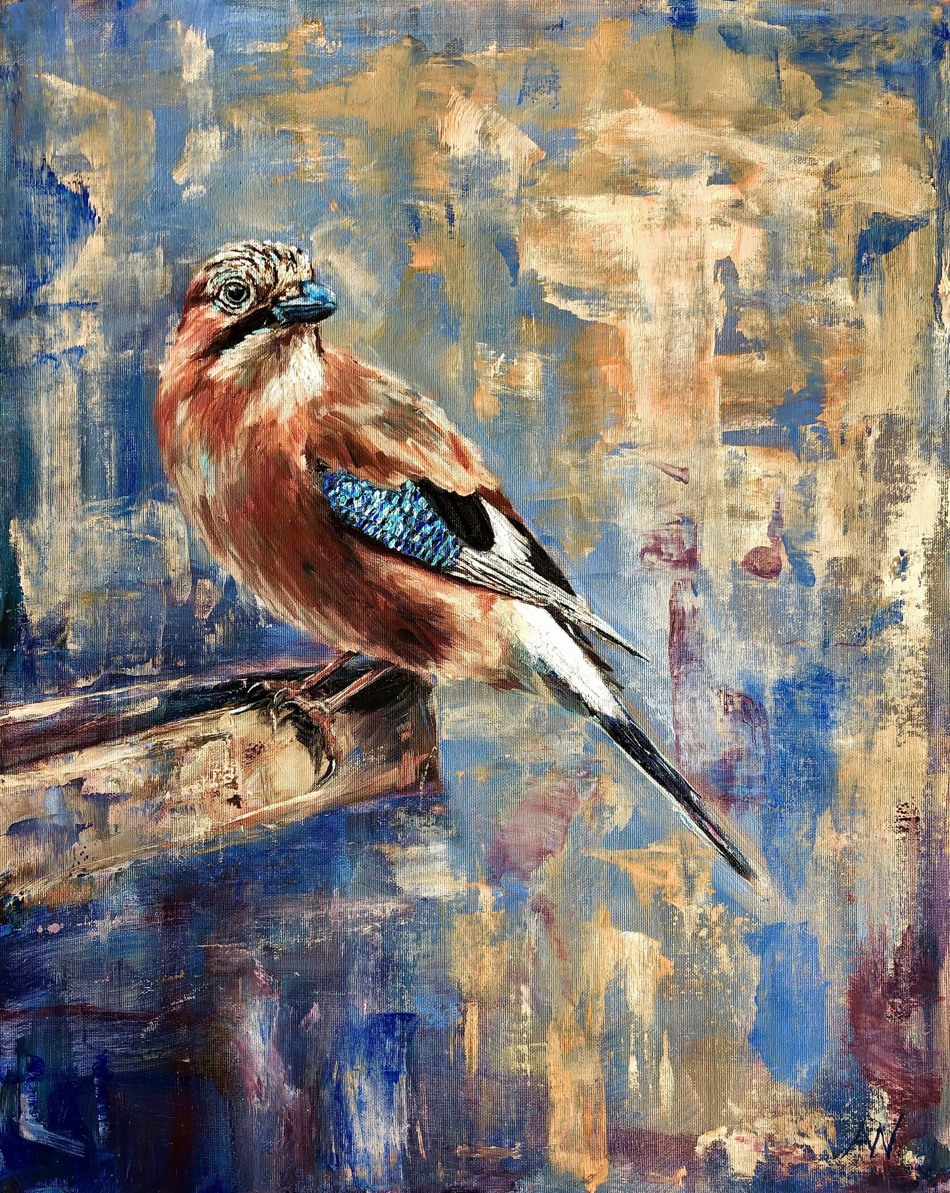 Bird with rust, blue, and white feathers perches on wood against a textured blue and gold background.
