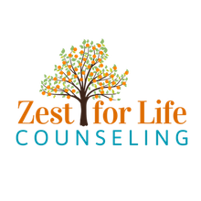 Logo for Zest for Life Counseling, featuring an orange tree with the text "Zest for Life COUNSELING".