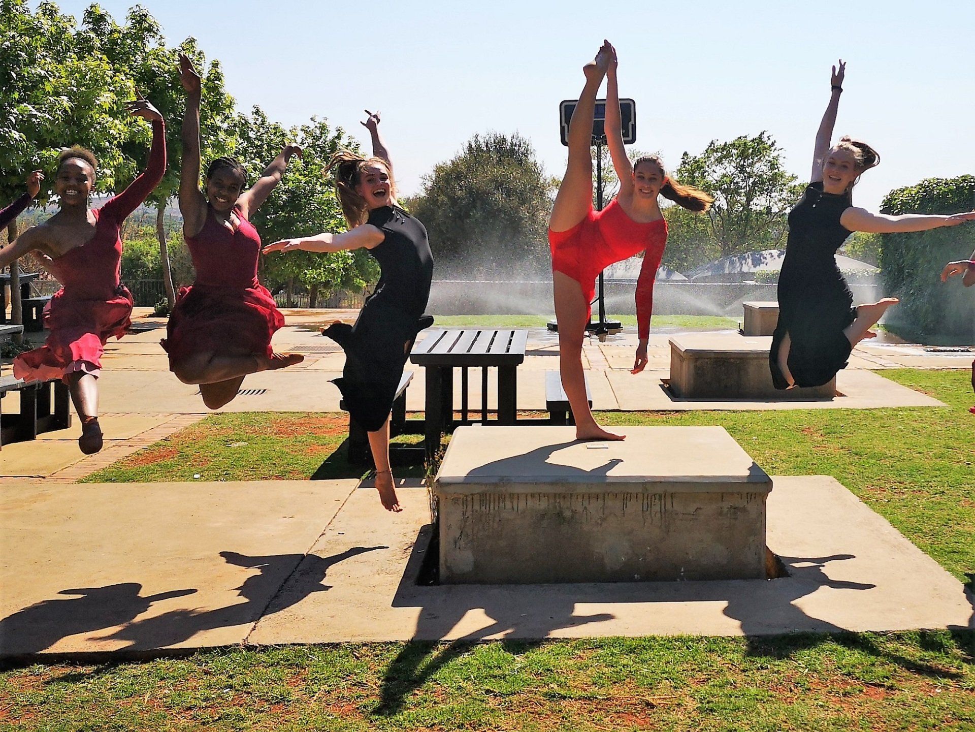 A group of dancers are posing for a picture in a park