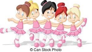 A group of cartoon ballerinas in pink tutus are dancing together.
