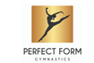 A perfect form gymnastics logo with a silhouette of a gymnast in a gold square.