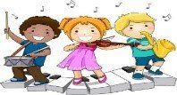 A group of children are playing musical instruments on a stage.