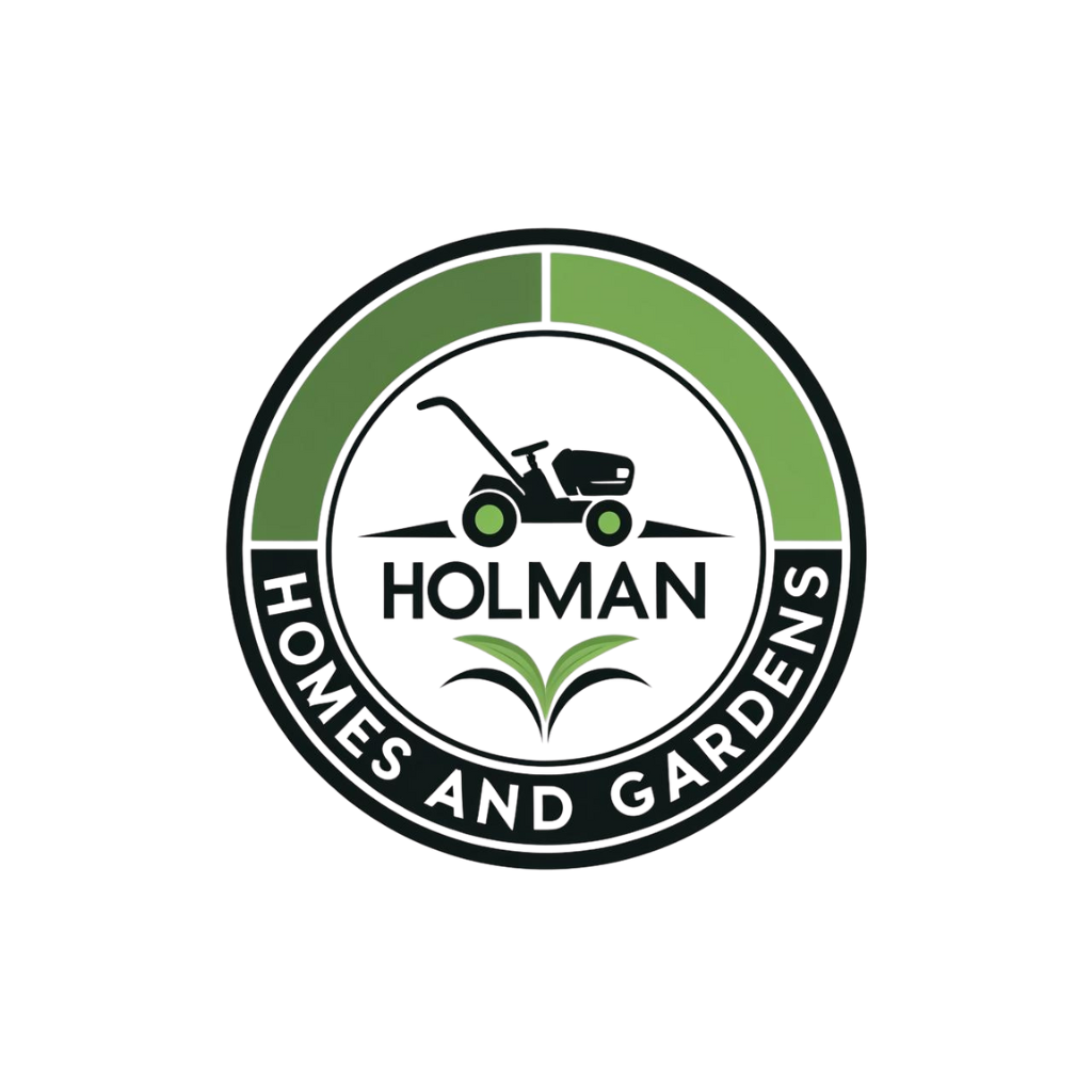 Logo for Holman Homes and Gardens, featuring a lawnmower, grass, and text within a green and black circle.