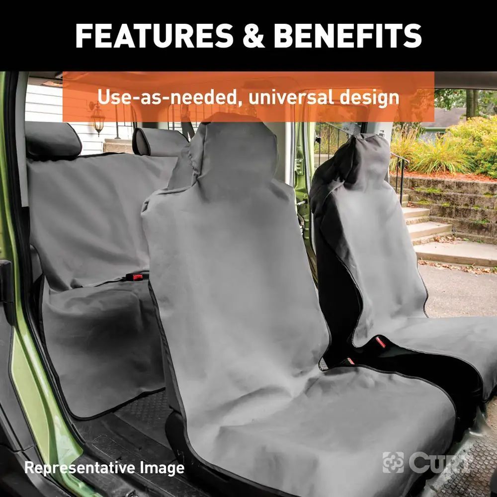 A picture of a car seat cover that says features and benefits