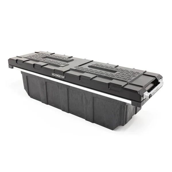 A black plastic storage box with a handle on a white background.