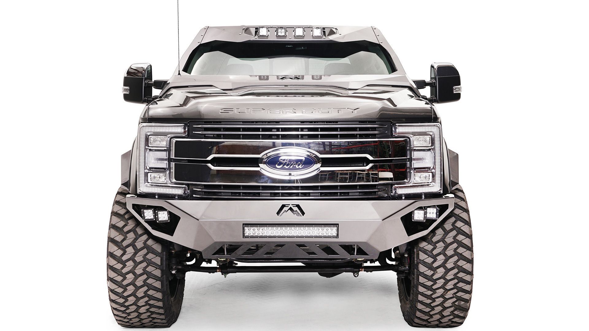 The front end of a ford f250 super duty truck is shown on a white background.