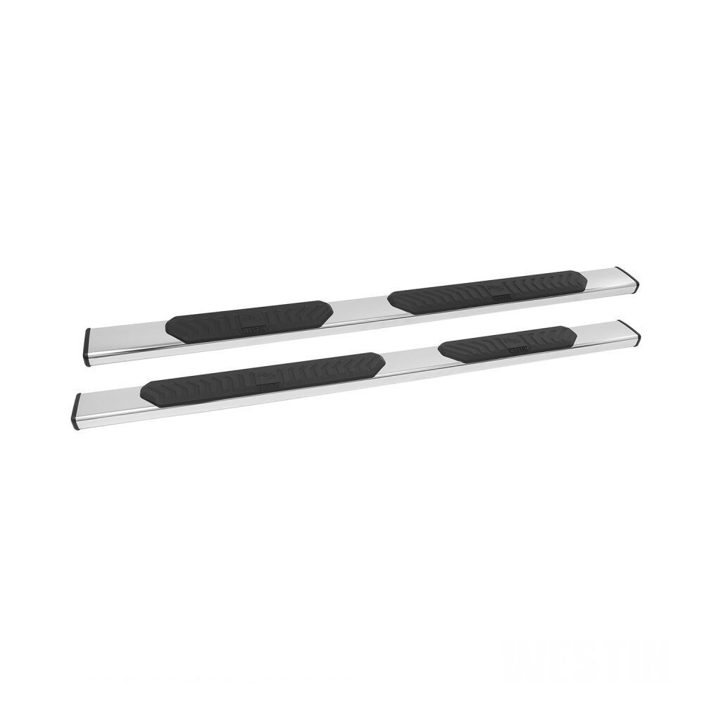 A pair of stainless steel side bars with black rubber pads on a white background.