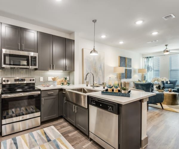 A modern kitchen with dark grey cabinets, stainless steel appliances, a farmhouse sink, and a view into the living room.