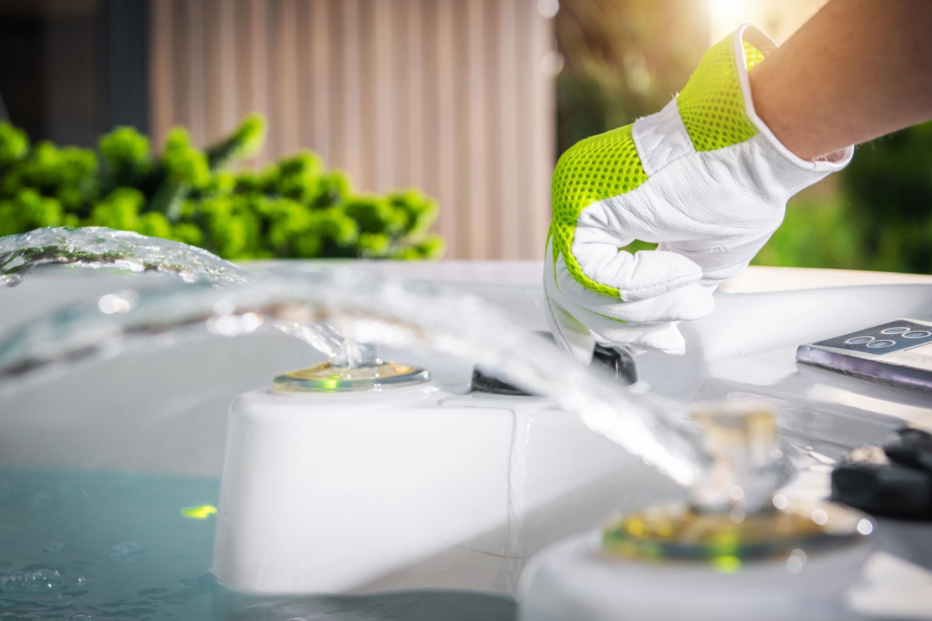A person is cleaning a hot tub with gloves.