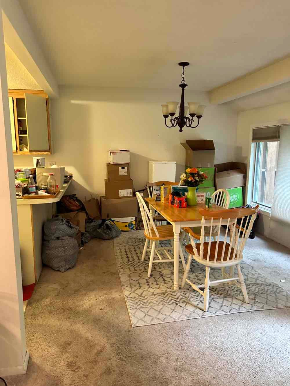 Dining room with table, chairs, boxes, rug, and kitchen area.  Boxes stacked against the wall.