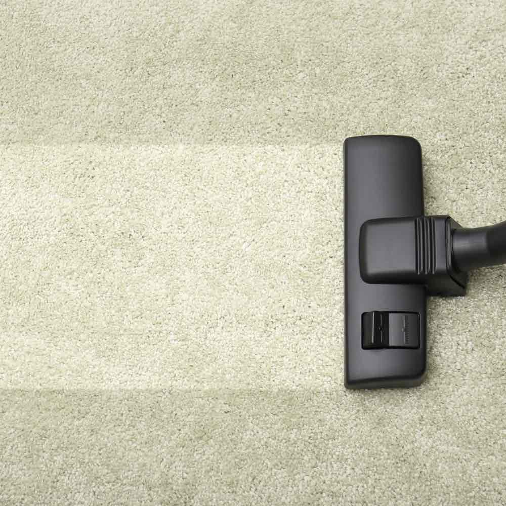 Vacuum cleaner head cleaning a light beige carpet.
