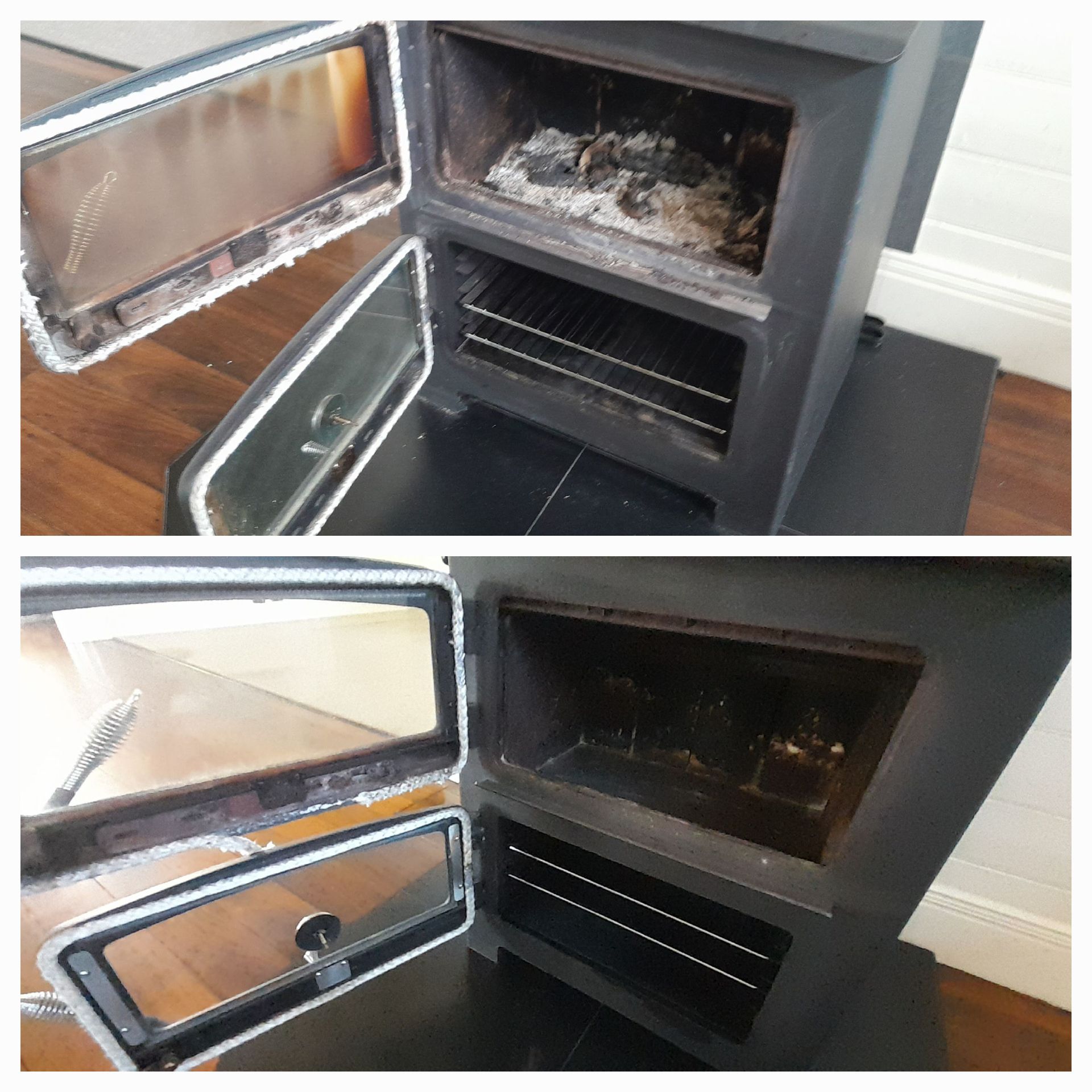 A Before And After Picture Of A Stove With The Door Open — McCarthys Property Services in Glenugie, NSW