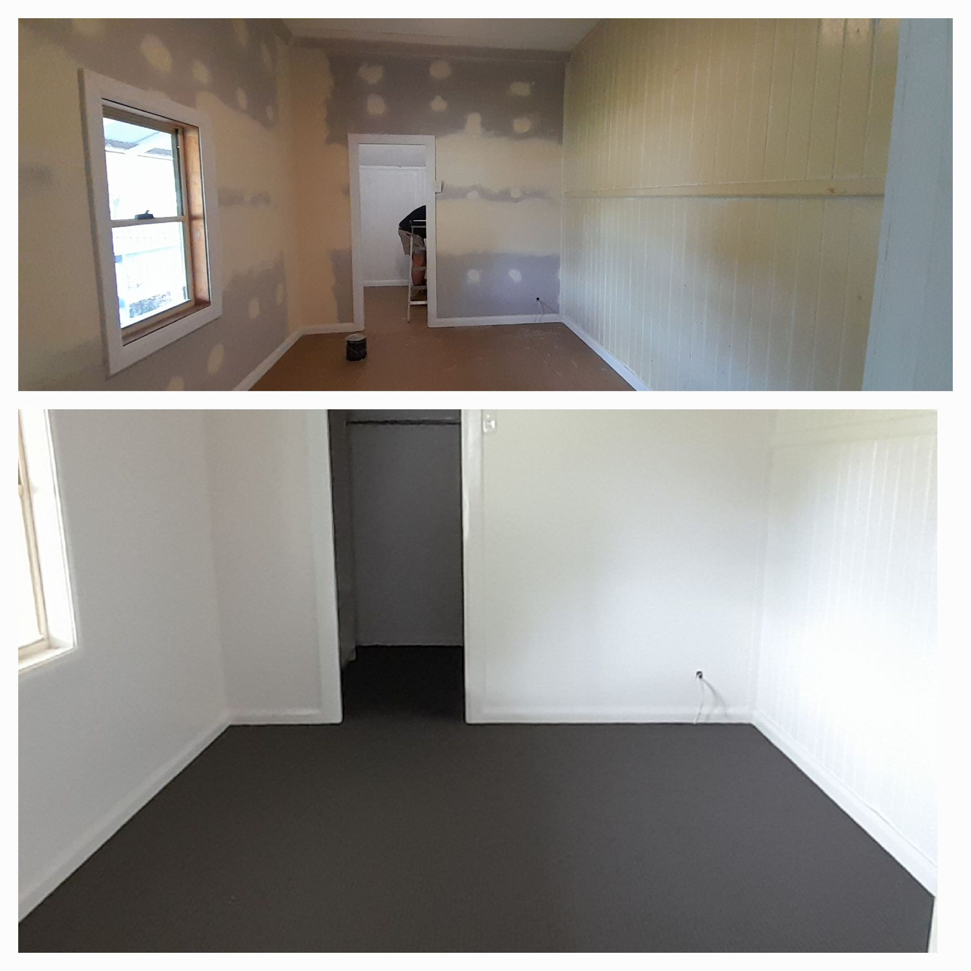 Two Pictures Of A Room Before And After Being Painted — McCarthys Property Services in Glenugie, NSW