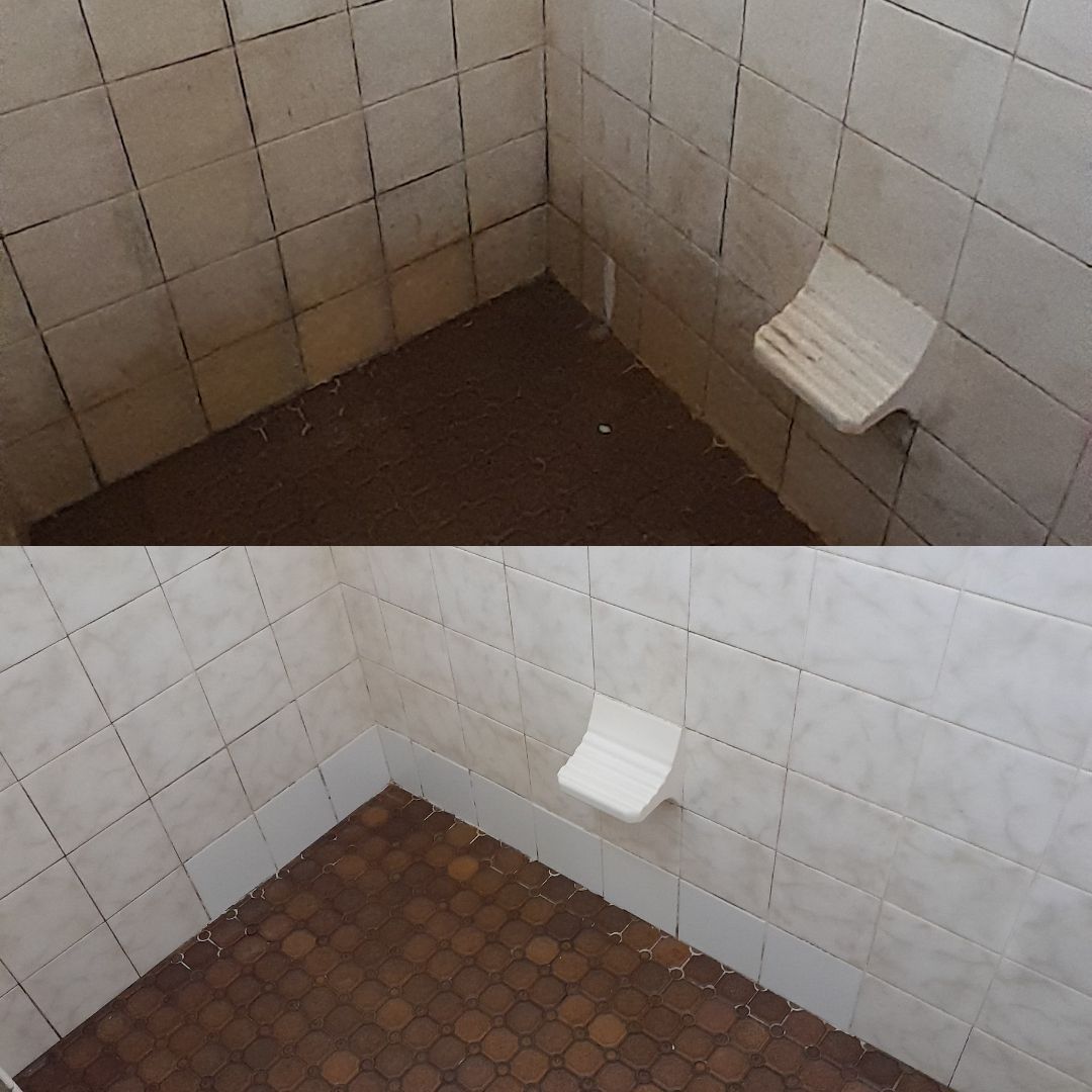 A Before And After Picture Of A Bathroom With Tiles And A Soap Dish — McCarthys Property Services in Glenugie, NSW