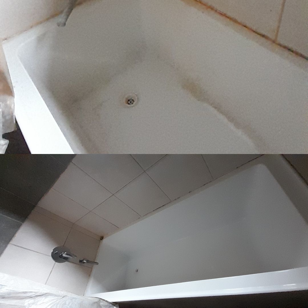 A Before And After Picture Of A Bathtub In A Bathroom — McCarthys Property Services in Glenugie, NSW