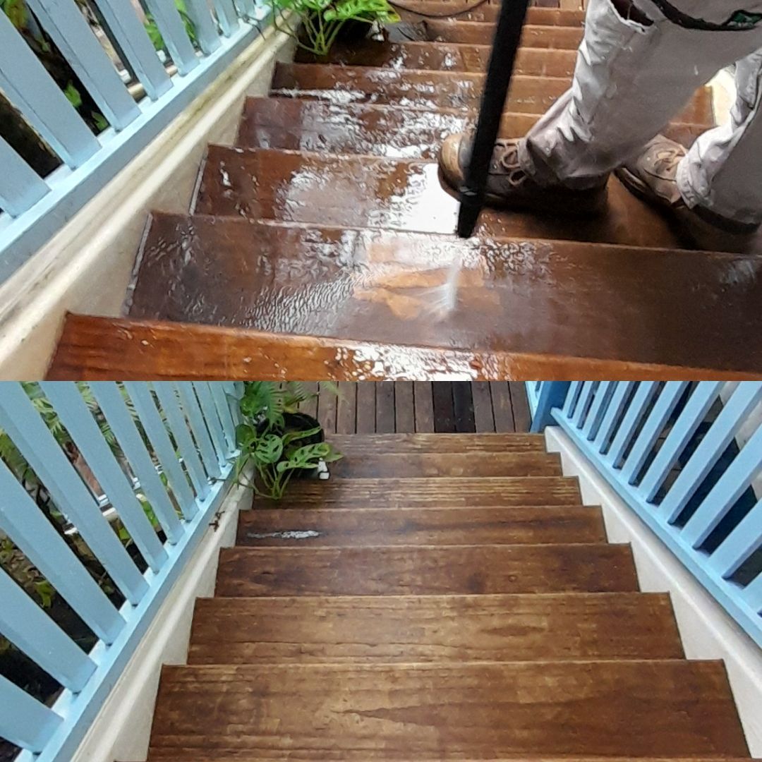 A Before And After Picture Of A Wooden Staircase — McCarthys Property Services in Glenugie, NSW