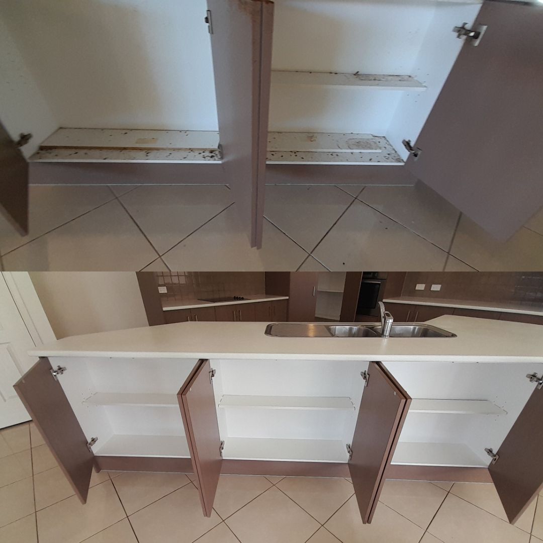 A Before And After Photo Of A Kitchen Cabinet With The Doors Open — McCarthys Property Services in Glenugie, NSW