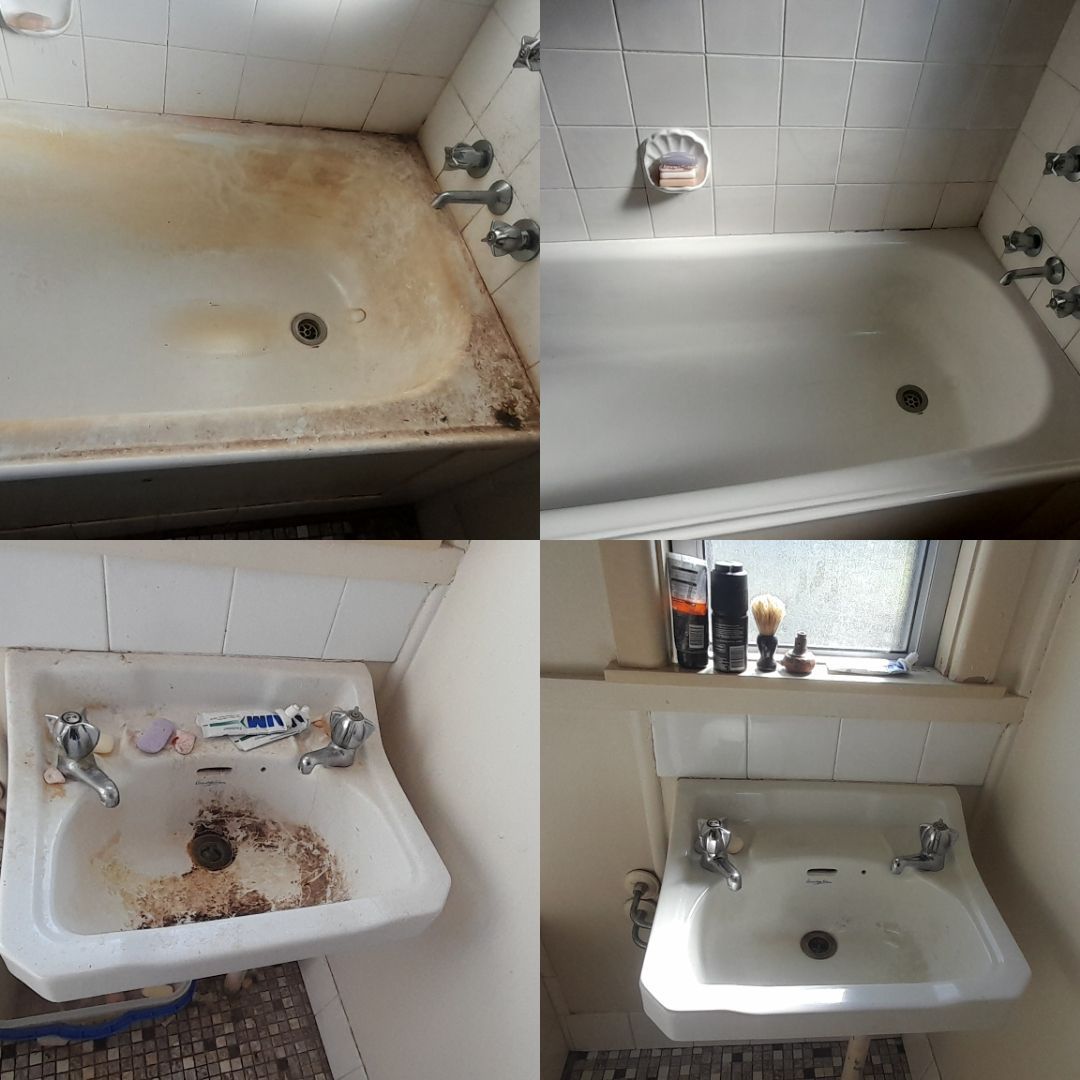 A Before And After Photo Of A Bathtub And Sink — McCarthys Property Services in Glenugie, NSW