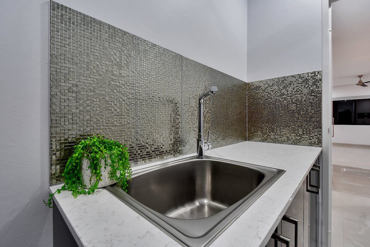 A kitchen sink with a plant on top of it.