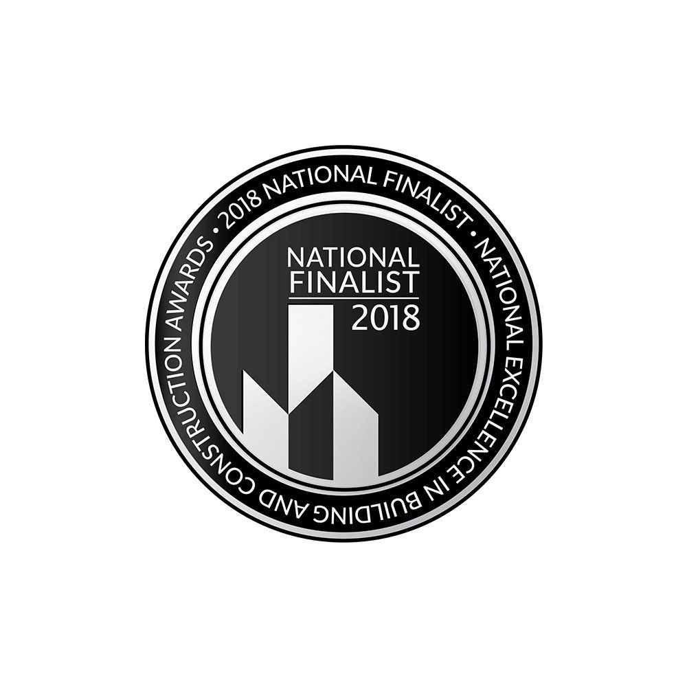 The national finalist logo for the 2018 national excellence in construction and building awards.