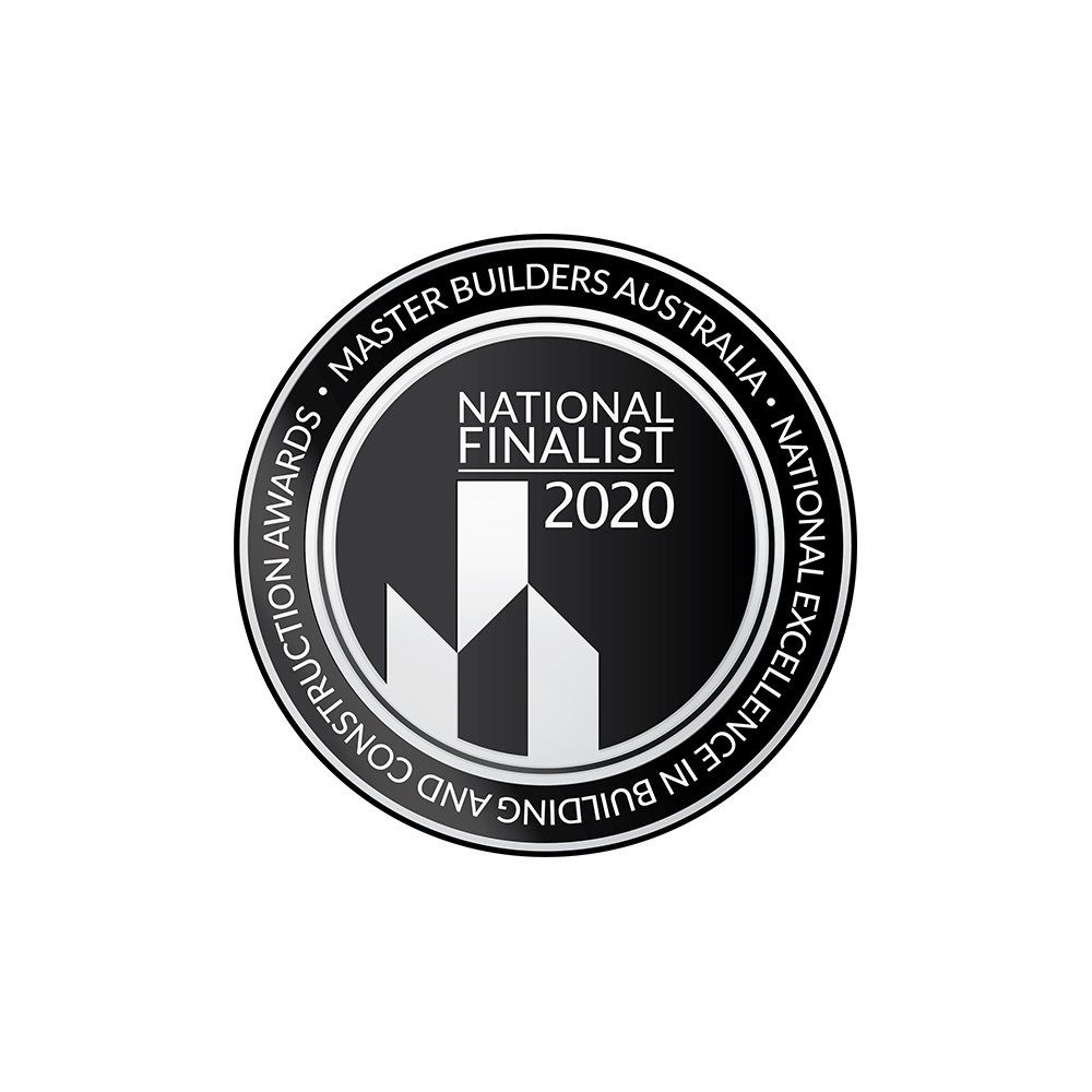 The national finalist logo for the master builders australia national excellence in building and construction awards.
