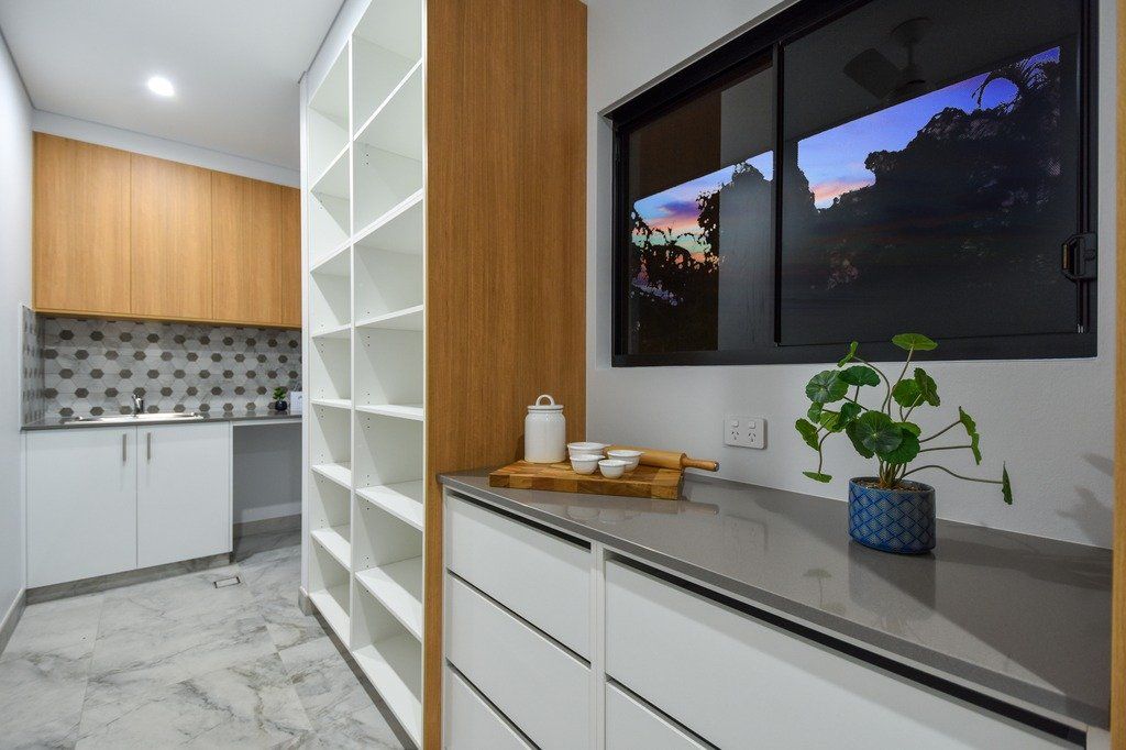 There is a plant on the counter in the kitchen.