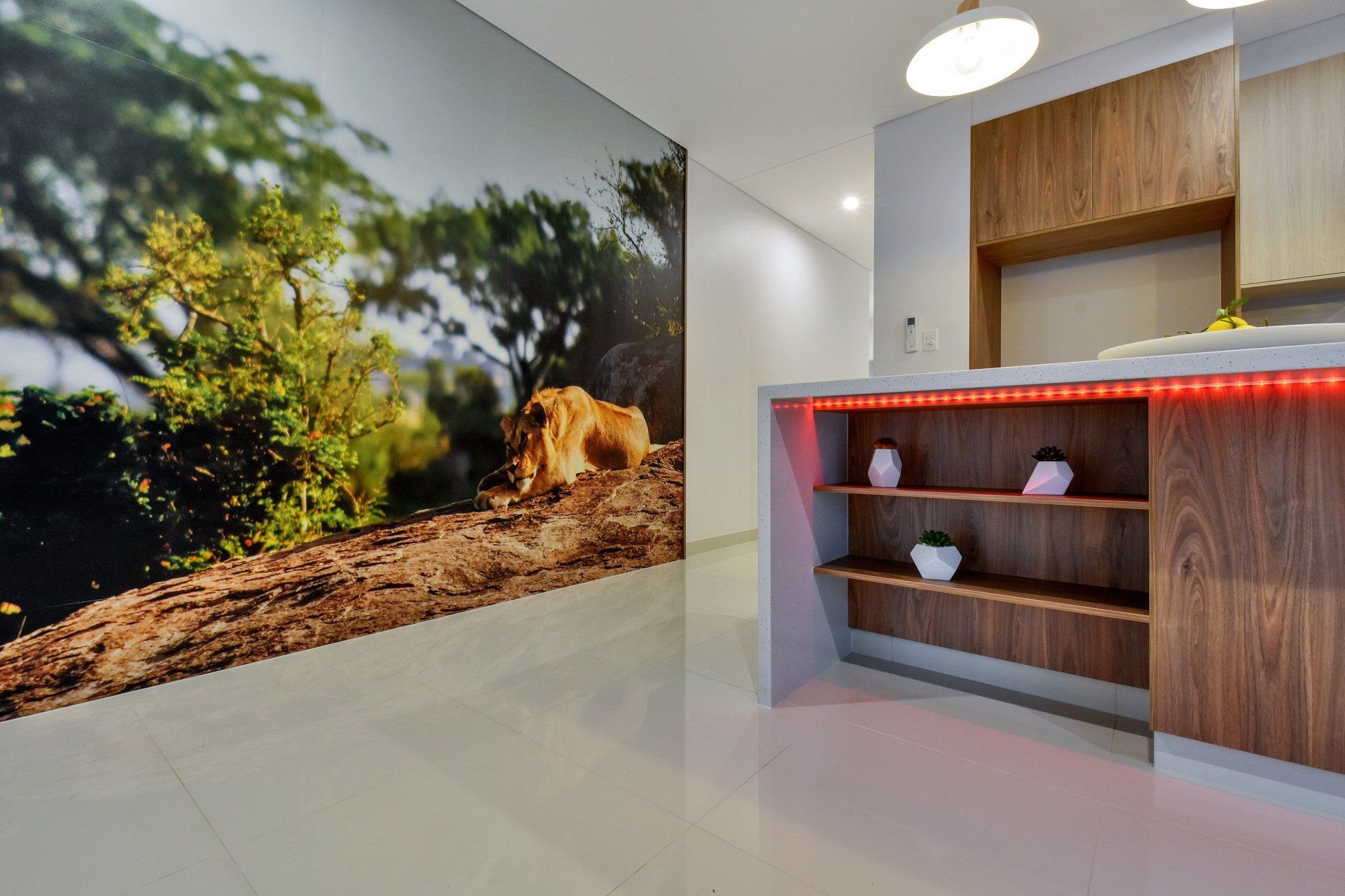 A kitchen with a picture of a lion on the wall.