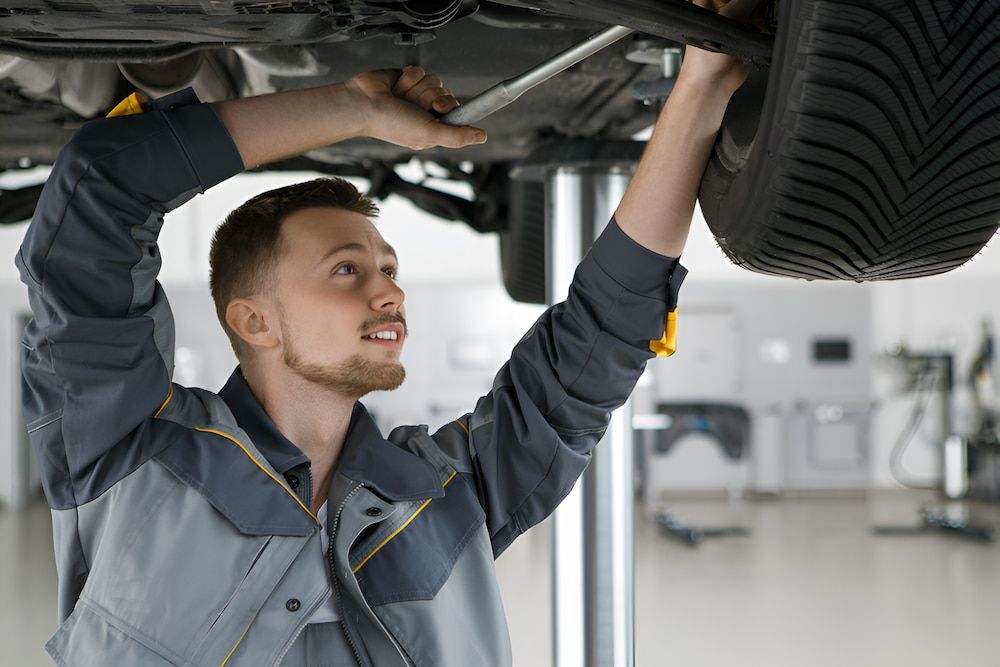 A Man Is Working Under A Car In A Garage — Goodyear Autocare Bowen in Bowen, QLD