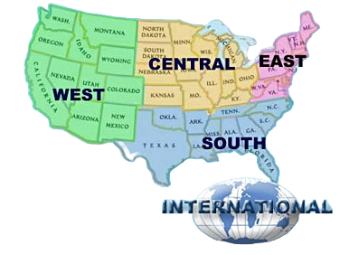 A map of the united states with the words central east and south