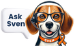 A dog wearing glasses and a headset with a speech bubble that says ask sven.