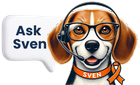 A dog wearing glasses and a headset with a speech bubble that says ask sven.