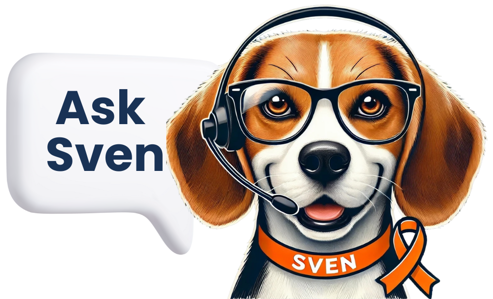 A dog wearing glasses and a headset with a speech bubble that says ask sven.