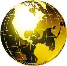 A gold globe with a map of the world on it.