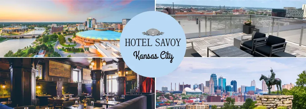 A collage of photos of a city with the words `` hotel savoy kansas city ''.