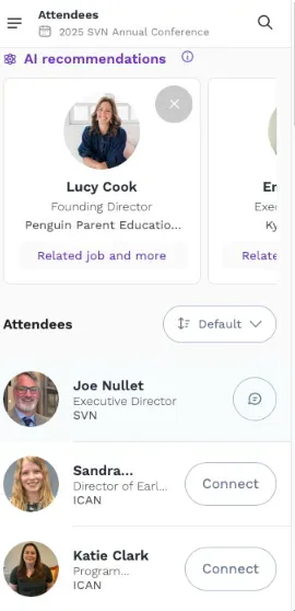 A phone screen shows a list of attendees including lucy cook