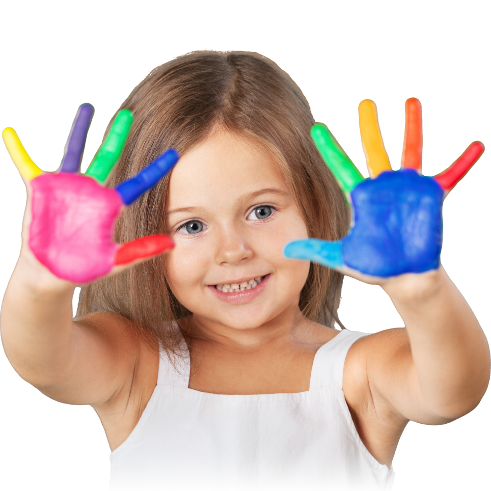 A little girl with her hands painted in different colors