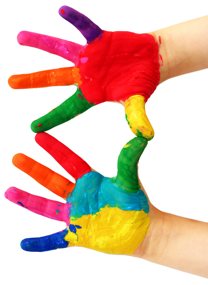 A child 's hands are painted in rainbow colors